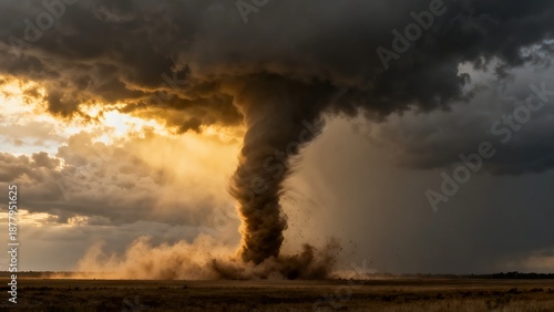 A powerful tornado touches down over an open field during a dramatic sunset, with dark storm clouds and swirling debris visible.