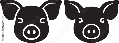 Black Pig Head Silhouettes Isolated on White Background, Cute Farm Animal Face Icons for Butcher Shop or Agriculture Branding