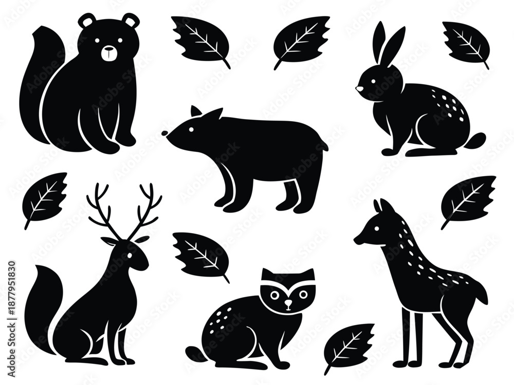 Fototapeta premium Woodland Animals Silhouette With Leaves squirrel bear