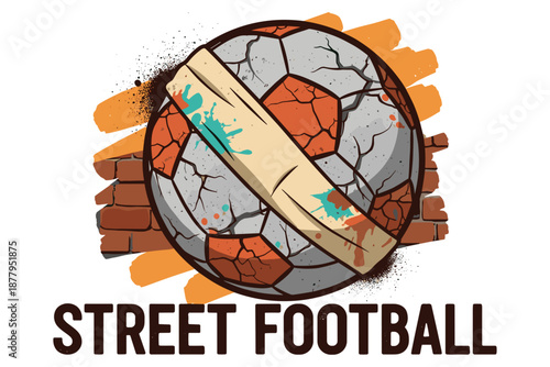 Energetic street football illustration showcasing a distressed, patched soccer ball against a brick wall, highlighted with dynamic spray paint accents, embodying the raw urban sports spirit
