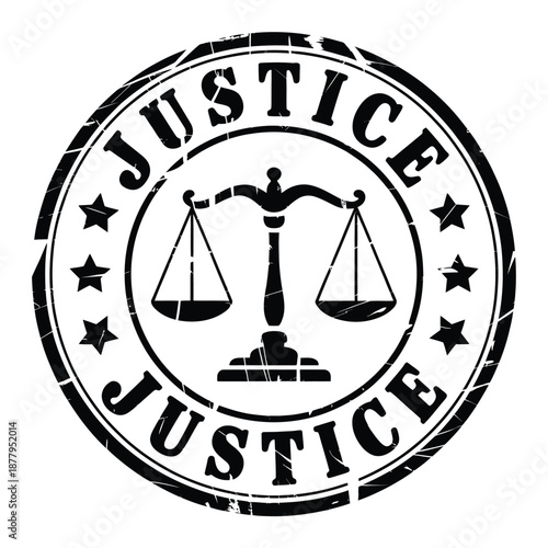 A circular justice stamp featuring scales of justice in black and white