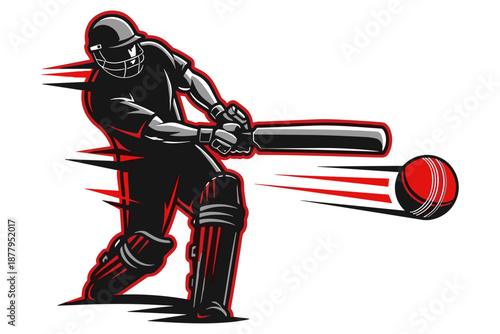 Dynamic vector illustration of a cricket player in powerful batting action, vigorously swinging to strike a fast-moving ball, embodying intense athletic energy and competitive spirit
