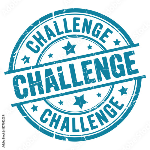 A distressed blue circular badge prominently displaying the word challenge
