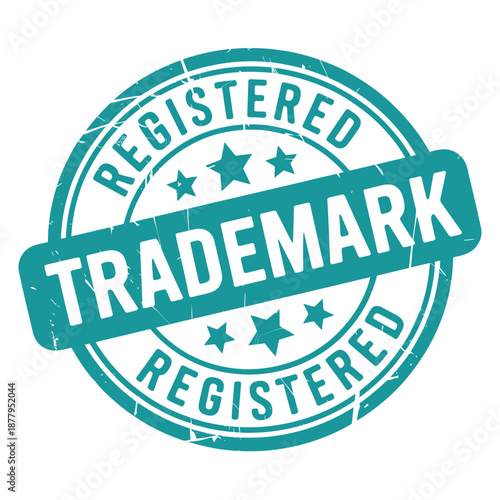 A teal registered trademark symbol with stars and distressed texture