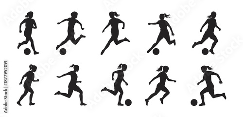 Dynamic silhouettes of female soccer players in action, kicking and running with a ball, showcasing athleticism and skill on a neutral background from various viewpoints.