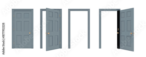 Doors set, front view opened and closed door, realistic isolated vector illustration, perfect for architecture, interior design, real estate, home projects, and modern vector graphics.