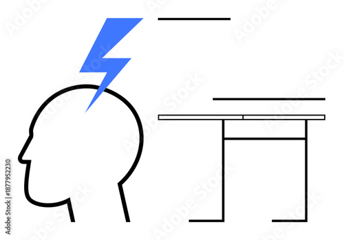 Innovation, brainstorming, creativity, problem-solving, planning, work. Head profile with lightning bolt and minimalist table illustration. Brainstorming and creativity concept