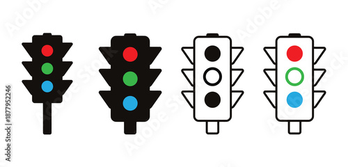Collection of various traffic light designs and styles illustrated from a straightforward frontal viewpoint for signage purposes