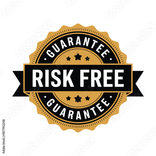 A golden guarantee seal with risk free text and star details