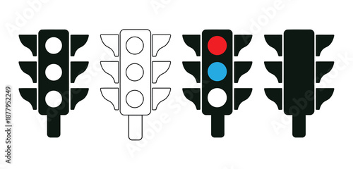 Assorted traffic lights displayed in various states and designs on a clear background in a row from different viewpoints