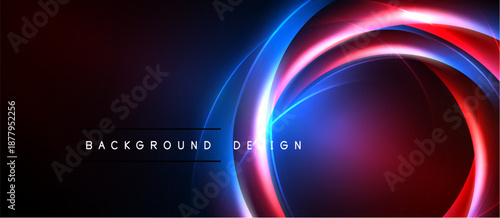 Abstract neon circles, vibrant red, blue hues. Dark background creates dramatic visual effect. Modern design element.