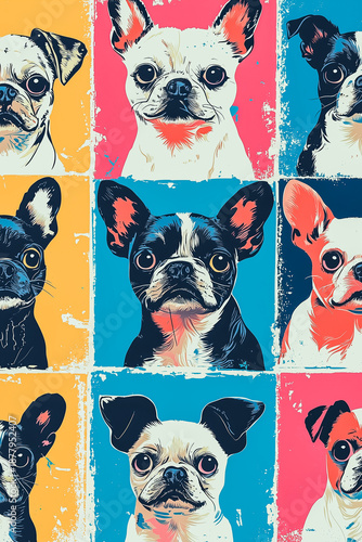 Repeated small dog designs with a retro twist, nostalgic and low contrast aesthetic