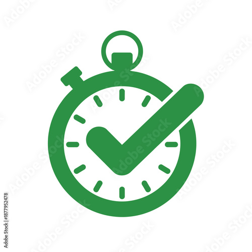 Green stopwatch icon with checkmark on white background