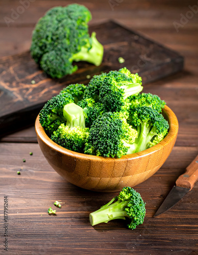 Green Broccoli Crowns in Wood Bowl Natural Setting
