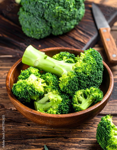 Fresh Broccoli Florets in Wooden Bowl on Rustic Table
