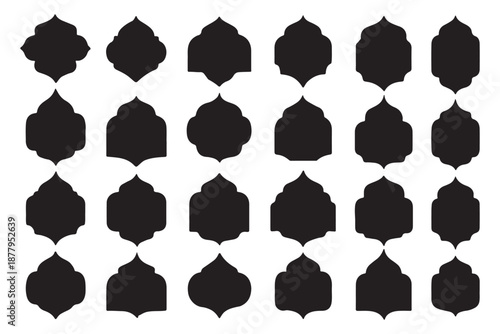 Old islamic window shapes vector set in oriental style. Black silhouette eid mubarak decorative arches, mosque borders or moroccan gates. Arabic muslim architecture frames, ramadan design elements