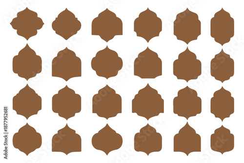 Old islamic window shapes vector set in oriental style. Black silhouette eid mubarak decorative arches, mosque borders or moroccan gates. Arabic muslim architecture frames, ramadan design elements