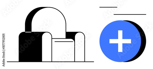 Healthcare concept. Healthcare symbol with a blue plus sign and modern chair illustration. Healthcare with clean lines and abstract elements. For hospitals, wellness, apps, branding