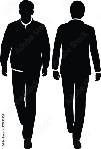 A black silhouette illustration of a business man and woman standing together in formal clothing