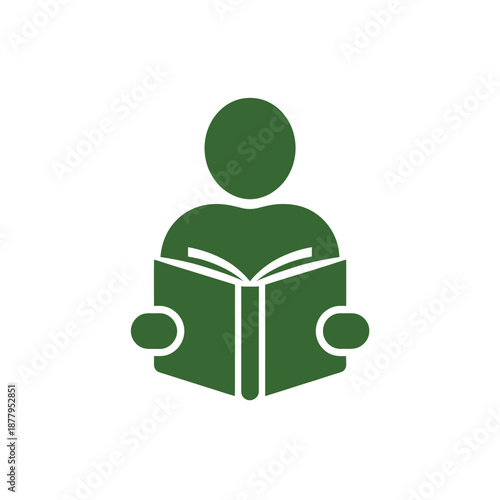 A simple green icon depicting a person deeply engrossed in reading a book