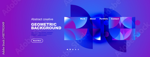 Purple website mockup displays geometric shapes, text elements, navigation menu. Modern design promotes creative portfolio presentation.