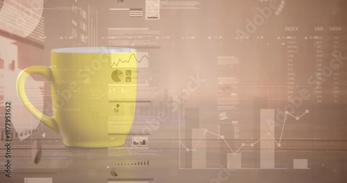 Sitting yellow ceramic mug on wood table showing glints with faint data charts, beans, copy space