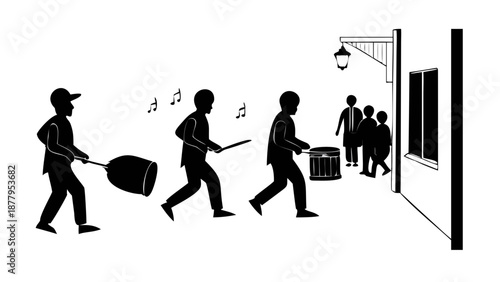 A silhouette of a man walking through a narrow street with a small drum, waking people up for the pre-dawn meal.