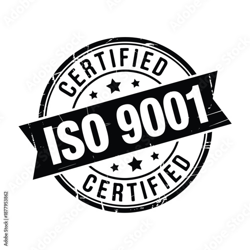 Iso 9001 certified quality stamp illustration with black and white design elements