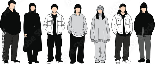 Casual winter fashion people standing collection, modern street style men and women outfits, flat vector illustration isolated background