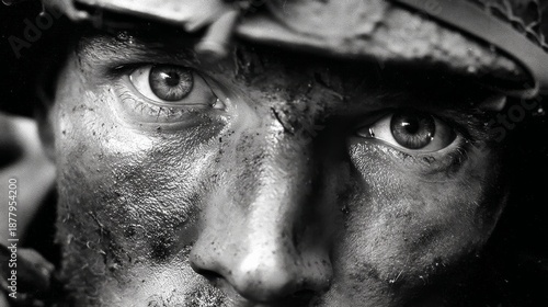 Wallpaper Mural Extreme close-up of a soldier's eyes revealing intense psychological tension and dirt Black and white Torontodigital.ca