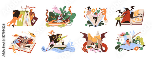 Concept set of fairy tale adventures. Kids are reading fantasy books and traveling in magic worlds. People imagine, immersive in child stories. Flat isolated vector illustrations on white background.