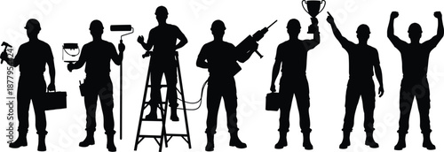 Construction worker silhouette collection showing builders with tools, teamwork success concept vector illustration isolated white background industry theme