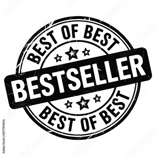 A circular bestseller stamp with stars and a ribbon banner design