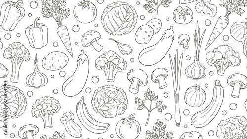 Vegetables and Fruits Line Drawing Pattern