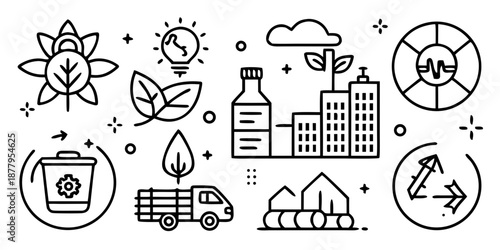 Eco Green Sustainability Icons | Nature Environment Recycle City Energy Minimal Line Art Set