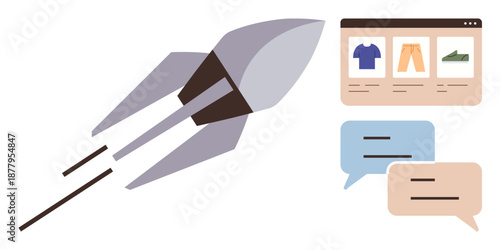 Business growth, e-commerce startups, innovation, online shopping, customer engagement, digital platforms. A rocket with a storefront and speech bubbles. Business growth and e-commerce startup