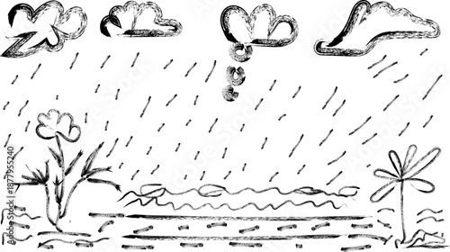 A simple drawing of a rainy day with plants and clouds