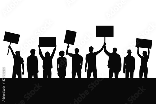 Diverse group of people protesting with blank signs in a demonstration for social justice and equality silhouette of activists raising banners in peaceful protest for human rights and political change