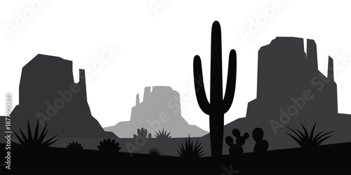Monochrome desert landscape silhouette with cactus plants and mountain formations in arid environment illustration for nature tourism travel and outdoor adventure scenic vista background with dramatic