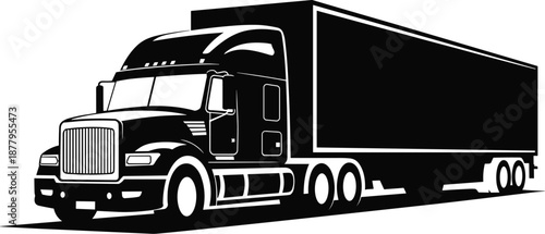 Black and white semi truck delivering freight cargo for commercial transportation logistics services heavy tractor trailer vector illustration for trucking company branding promotional materials deliv
