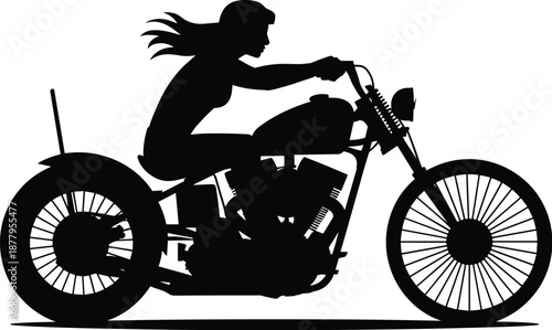 Silhouette of woman riding a classic motorcycle on white background for transportation and lifestyle themes stylish female biker driving motorbike vintage design element for apparel prints and automot