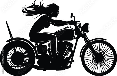 Silhouette of woman riding motorcycle motorbike chopper racer on open road trip adventure expressing freedom and rebellion as a symbol of independence and lifestyle in black and white graphic design f