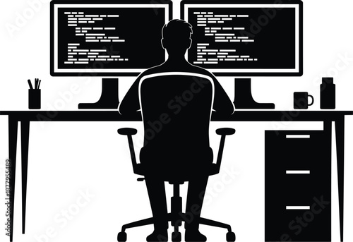 Professional software developer coding on dual monitor workspace setup silhouette illustration programmer at desk working remotely on computer code for website development it solutions concept black a