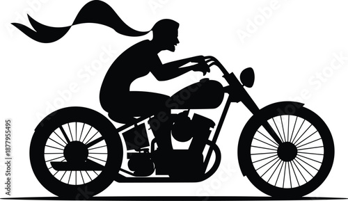 Silhouette of woman riding motorcycle on open road adventure symbolizing freedom and independence stylish biker with flowing scarf on vintage chopper for transportation lifestyle and recreational enjo
