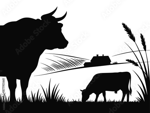 Monochrome silhouette of cows grazing in rural pasture landscape with farmhouse in background for agricultural business branding farming industry animal husbandry livestock management organic dairy fa