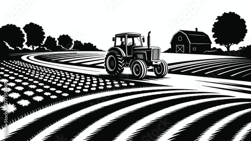 Monochrome tractor plowing field in rural landscape illustration agricultural vehicle working on farm land vector graphic design for farming industry harvest season countryside scenery organic food pr