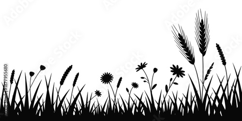 Elegant black and white wildflower meadow silhouette in a rural field with tall grass and wheat stalks minimal nature background for organic food company branding or minimalist website header design w