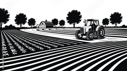 Agricultural tractor plowing field in black and white vector illustration farm landscape with barn and trees rural scene farming equipment for agriculture industry countryside transport graphic design