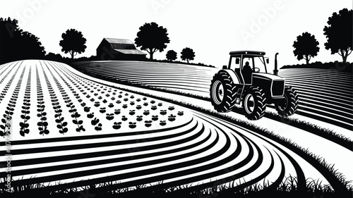 Monochrome tractor plowing field with young crops in agricultural landscape harvesting farmland farm equipment driving through countryside in vintage style vector illustration for agriculture farming