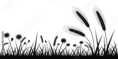 Wheat and Flowers Silhouette Growing in a Field Illustration in Black and White Minimalist Modern Design element for agriculture farm natural organic healthy lifestyle concept for print graphic design